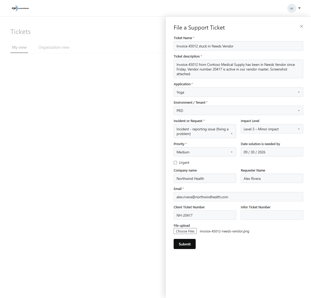 The File a Support Ticket form.