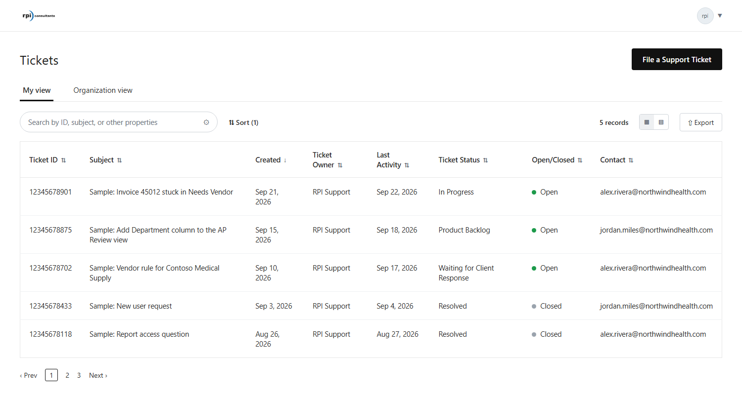 The HubSpot Customer Portal Tickets page, showing the My view and Organization view tabs, search, sort, and the File a Support Ticket button.