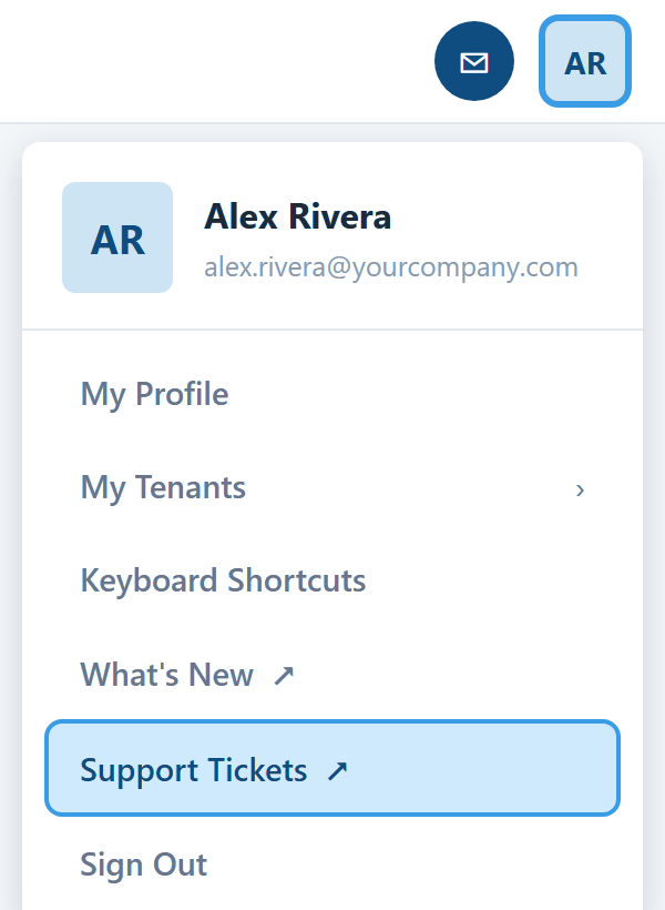 The Yoga profile menu with Support Tickets highlighted.